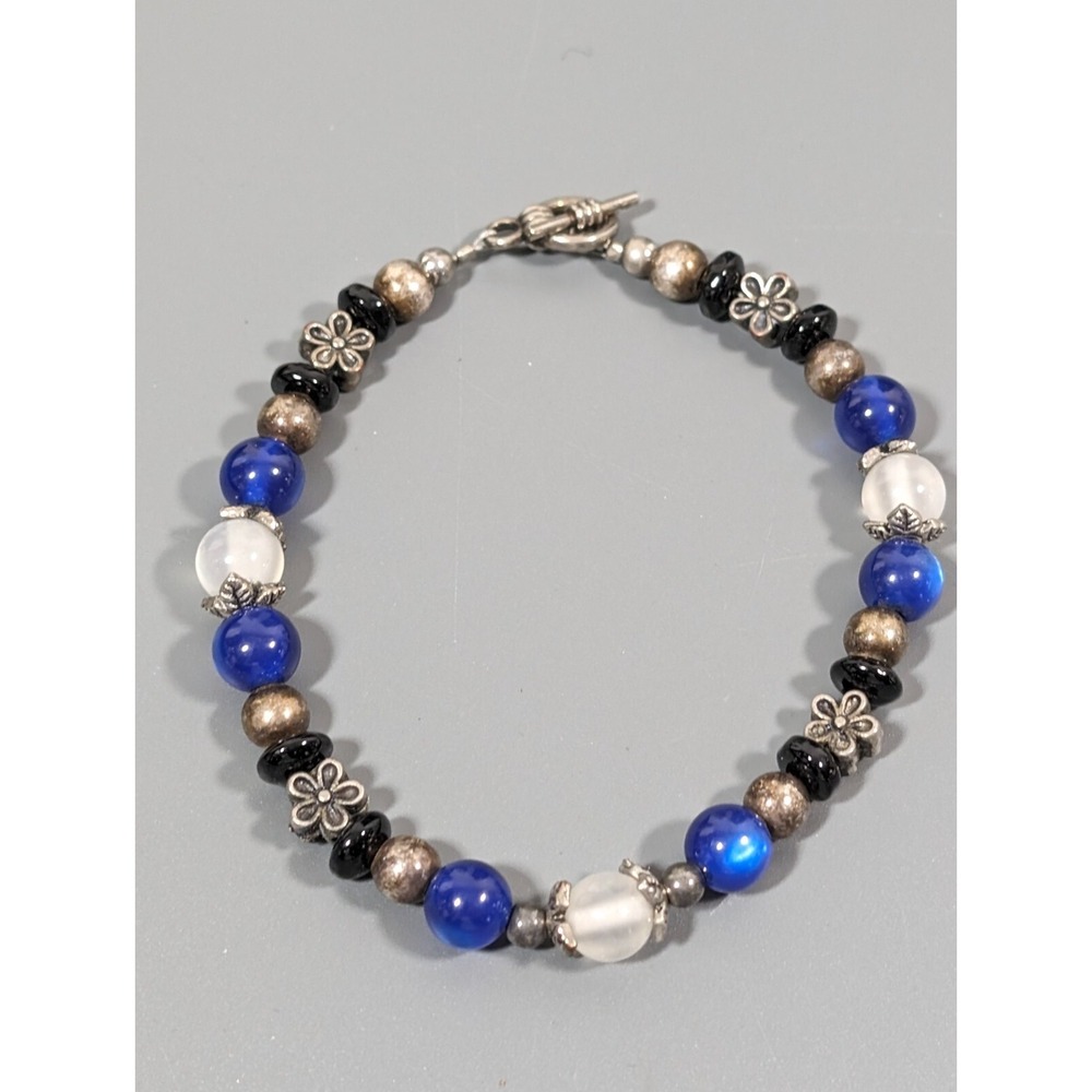 Celestial Blue Black Moon Glow Bead Bracelet‎ Silver Toggle Whimsigoth 8.5"